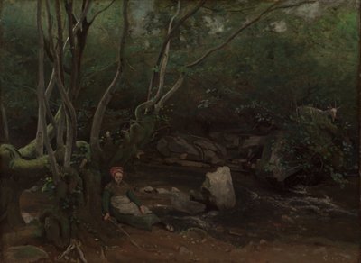 Lormes: Vuohityttö istuu puron vieressä metsässä tekijältä Jean-Baptiste-Camille Corot