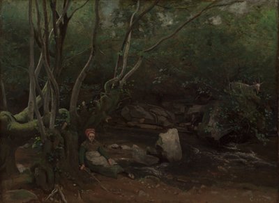 Lormes: Vuohityttö istuu puron vieressä metsässä, 1842. tekijältä Jean-Baptiste-Camille Corot