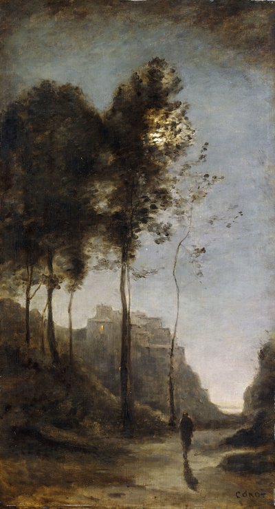 Kuutamo lahden reunalla, noin 1855-1860 tekijältä Jean Baptiste Camille Corot