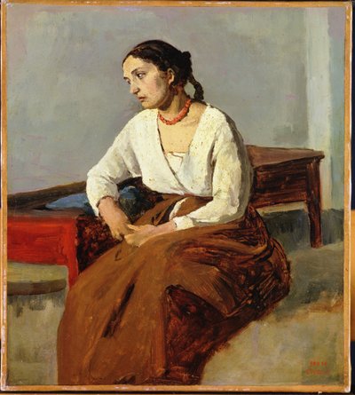 Istuva nainen ruskeassa hameessa tekijältä Jean Baptiste Camille Corot