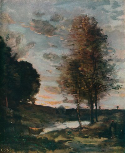 Laskeva aurinko, c1910 tekijältä Jean Baptiste Camille Corot