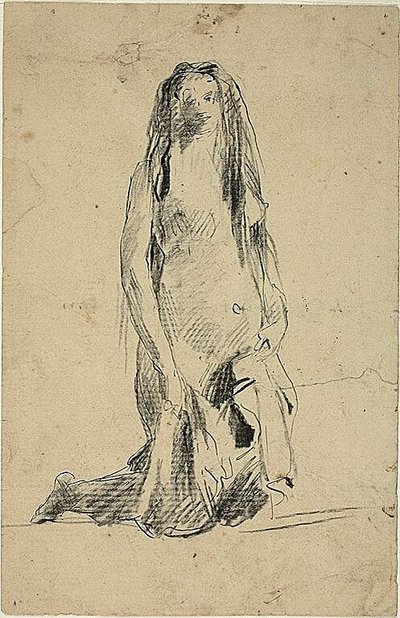 Polvistuva alaston nainen ja verhoilu tekijältä Jean Baptiste Carpeaux