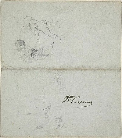 Luonnoksia kahdesta lapsesta, veneitä merellä (etusivu); luonnoksia astelevasta mieshenkilöstä, jolla on sauva kädessään, ja rannikkokuvasta (kääntöpuoli). tekijältä Jean Baptiste Carpeaux