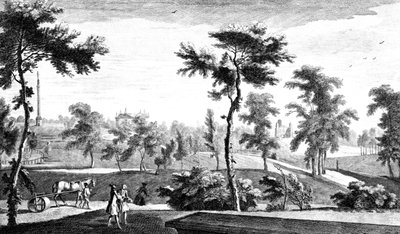 Näkymä kreikkalaisesta temppelistä Lord Cobhamin pilariin, Stowe House Gardensiin, kaivertanut George Bickham, 1753 tekijältä Jean Baptiste Claude Chatelain