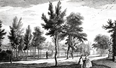 Näkymä Elysian kentälle Heliconin lähteestä, Stowe House Gardens, kaivertanut George Bickham, 1753 tekijältä Jean Baptiste Claude Chatelain