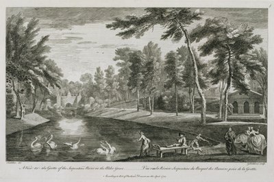 Näkymä Serpentine-joen luolalle Alder Grovessa Stowessa, 1753, kaivertanut George Bickham tekijältä Jean Baptiste Claude Chatelain