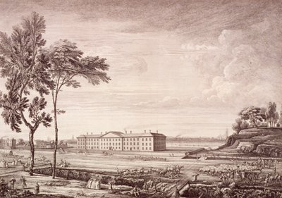 Näkymä Lontoon sairaalasta Whitechapel Roadilla, 1753 tekijältä Jean Baptiste Claude Chatelain