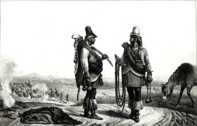 Charrua Indians kirjasta "Voyage Pittoresque et Historique au Bresil", kaiverrus C. Motte tekijältä Jean Baptiste Debret