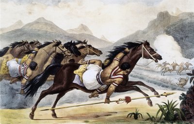 Guaycuru-intiaanit hevosen selässä, muoto Picturesque and Historic Voyage to Brazil, Brasilia tekijältä Jean Baptiste Debret