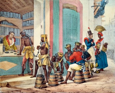 Kahlitut orjat ostamassa tupakkaa tupakkakaupasta Rio de Janeirossa. tekijältä Jean Baptiste Debret