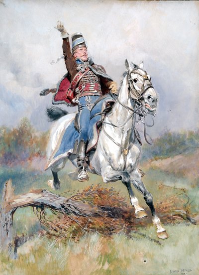 Ranskalainen ratsumies hevosen selässä, 1900 (wc & guassi paperille) tekijältä Jean Baptiste Edouard Detaille