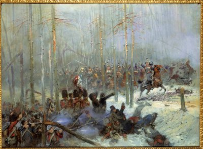 Venäjän kampanja vuonna 1812: "" Eversti Duboisin seitsemännen taistelulaivan panos Berezinassa (Beresina) 28.11.1812 Venäjällä"" Jean-Baptiste-Edouardin (Jean Baptiste Edouard) maalaus Detaille (1848-1912) 1800-luvulla. Pariisi, Musee de l