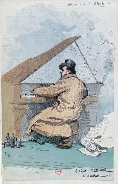 Ranska, Pariisi, värillinen kaiverrus ranskalaisesta säveltäjästä Emmanuel Chabrierista tekijältä Jean Baptiste Edouard Detaille