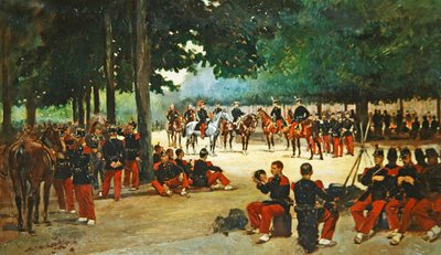 Jalkaväkirykmentti rentoutumassa Bois de Boulognessa katsauksen aikana, n. 1885 tekijältä Jean Baptiste Edouard Detaille
