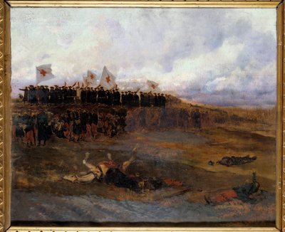 Pariisin piiritys 1870: "" kristillisen opin koulujen veljet suuntaavat kohti taistelukenttää"" Edouard Detaillen (1848-1912) maalaus 1872 su. 0,53x0,65 m tekijältä Jean Baptiste Edouard Detaille