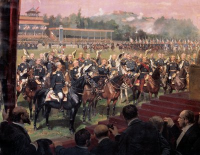 Presidentti Jules Grevy jakoi lippuja Longchampissa Leon Gambettan läsnäollessa 14. heinäkuuta tekijältä Jean Baptiste Edouard Detaille