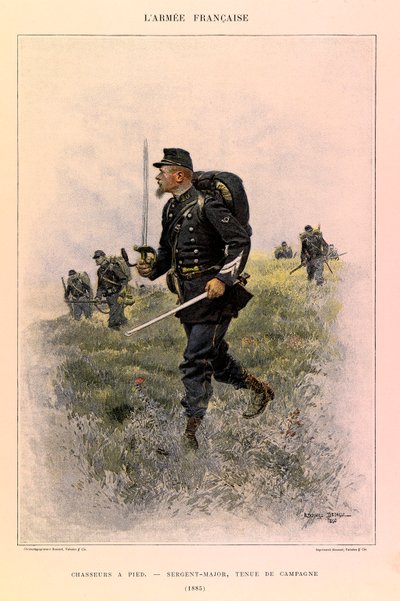 Kapteeni Jules Richardin ranskalaisen armeen tyypit ja univormut, kuvittanut Edouard Detaille (1848-1912): Jalkametsästäjät: Kersanttimajuri kenttäpuvussa vuonna 1885, yksityinen kokoelma tekijältä Jean Baptiste Edouard Detaille