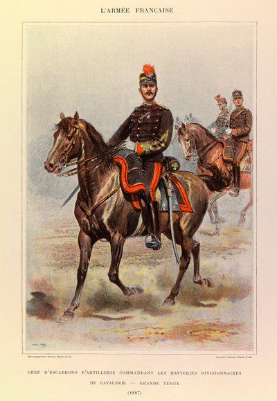 Kapteeni Jules Richardin ranskalaisen armeijan tyypit ja univormut, kuvittanut Edouard Detaille (1848-1912): tykistölentueen päällikkö, joka komensi divisioonan ratsuväen pattereita suuressa asussa vuonna 1887, yksityinen kokoelma tekijältä Jean Baptiste Edouard Detaille