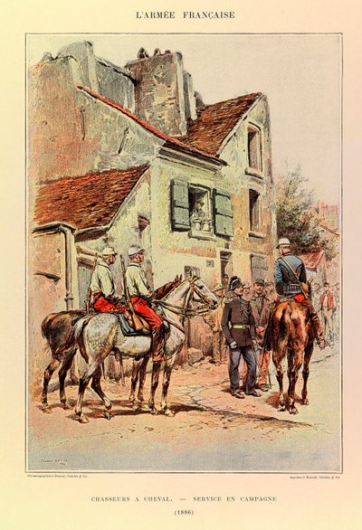 Kapteeni Jules Richardin ranskalaisen armeijan tyypit ja univormut, kuvittanut Edouard Detaille (1848-1912): Hunters a Horseback; Kenttäpalvelu vuonna 1886, yksityinen kokoelma tekijältä Jean Baptiste Edouard Detaille