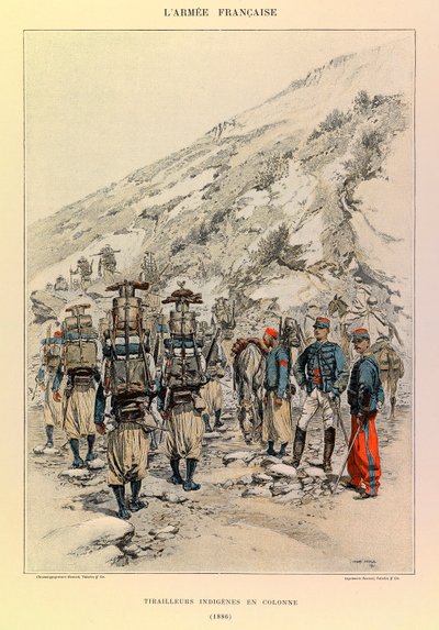 Kapteeni Jules Richardin ranskalaisen armeijan tyypit ja univormut, kuvittanut Edouard Detaille (1848-1912): Indigenes Tirailleurs in Column in 1886, Private Collection tekijältä Jean Baptiste Edouard Detaille