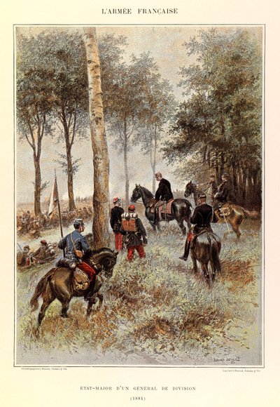 Kapteeni Jules Richardin ranskalaisen armeijan tyypit ja univormut, kuvittanut Edouard Detaille (1848-1912): Divisioonan kenraalin henkilökunta vuonna 1884, yksityinen kokoelma tekijältä Jean Baptiste Edouard Detaille