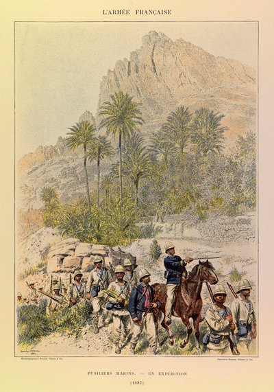 Kapteeni Jules Richardin ranskalaisen armeijan tyypit ja univormut, kuvittanut Edouard Detaille (1848-1912): Fusiliers Marins on Expedition vuonna 1887, yksityinen kokoelma tekijältä Jean Baptiste Edouard Detaille