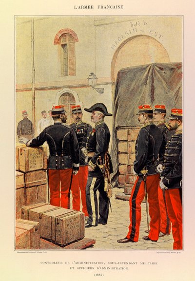 Kapteeni Jules Richardin ranskalaisen armeijan tyypit ja univormut, kuvittanut Edouard Detaille (1848-1912): hallinnon valvoja, apulaissotilaallinen intendantti ja hallintoupseerit vuonna 1887, yksityinen kokoelma tekijältä Jean Baptiste Edouard Detaille
