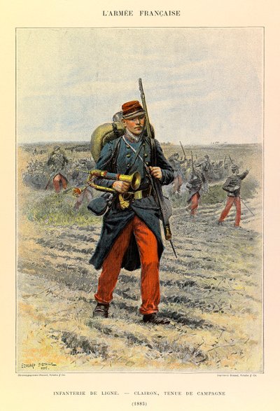 Kapteeni Jules Richardin ranskalaisen armeijan tyypit ja univormut, kuvittanut Edouard Detaille (1848-1912): Line Jalkaväki; Clairon Field Dressissä vuonna 1885, yksityinen kokoelma tekijältä Jean Baptiste Edouard Detaille