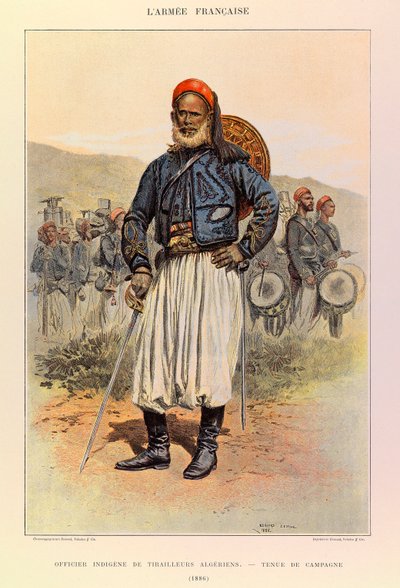 Kapteeni Jules Richardin Ranskan armeijan tyypit ja univormut, kuvittanut Edouard Detaille (1848-1912): Algerian Tuniorsin upseeri kenttäpuvussa vuonna 1886, yksityiskokoelma. tekijältä Jean Baptiste Edouard Detaille