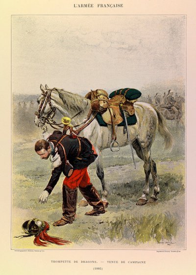 Kapteeni Jules Richardin ranskalaisen armeijan tyypit ja univormut, kuvittanut Edouard Detaille (1848-1912): Lohikäärmeiden trumpetti maalaispuvussa vuonna 1885, yksityinen kokoelma tekijältä Jean Baptiste Edouard Detaille
