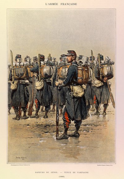 Kapteeni Jules Richardin ranskalaisen armeijan tyypit ja univormut, kuvittanut Edouard Detaille (1848-1912): Genien saappaaja maalaispuvussa vuonna 1886, yksityinen kokoelma tekijältä Jean Baptiste Edouard Detaille