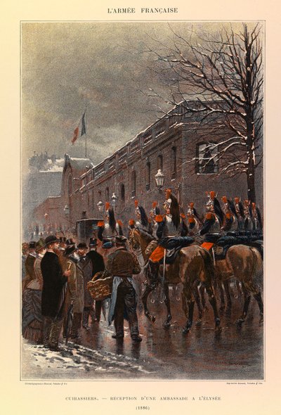 Kapteeni Jules Richardin ranskalaisen armeijan tyypit ja univormut, kuvittanut Edouard Detaille (1848-1912): Cuirassiers: Elysee-suurlähetystön vastaanotto vuonna 1886, yksityinen kokoelma tekijältä Jean Baptiste Edouard Detaille