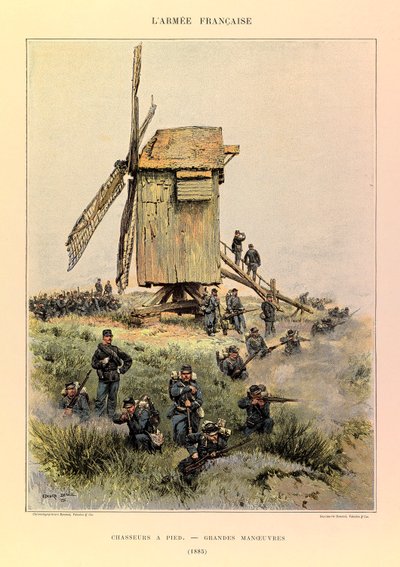 Kapteeni Jules Richardin ranskalaisen armeijan tyypit ja univormut, kuvittanut Edouard Detaille (1848-1912): Metsästäjät jalkaisin; suuret liikkeet vuonna 1885, Private Collection tekijältä Jean Baptiste Edouard Detaille
