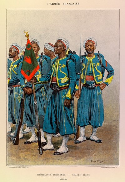Kapteeni Jules Richardin ranskalaisen armeijan tyypit ja univormut, kuvittanut Edouard Detaille (1848-1912): Native Tirailleurs in Great Outfit in 1886, Private Collection tekijältä Jean Baptiste Edouard Detaille