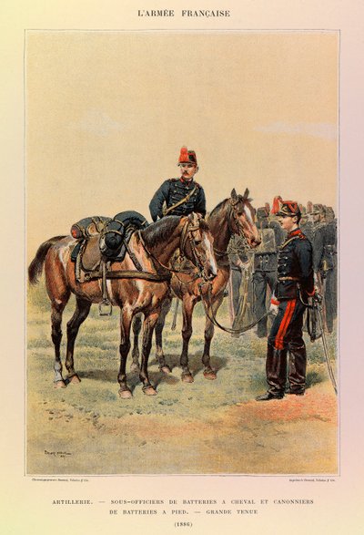 Kapteeni Jules Richardin ranskalaisen armeijan tyypit ja univormut, kuvittanut Edouard Detaille (1848-1912): Tykistö: Pattereiden aliupseerit hevosilla ja pattereiden ampujat jalkaisin suurissa asuissa vuonna 1886, Yksityinen kokoelma tekijältä Jean Baptiste Edouard Detaille
