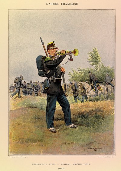 Kapteeni Jules Richardin ranskalaisen armeijan tyypit ja univormut, kuvittanut Edouard Detaille (1848-1912): Metsästäjät jalkaisin: Bugle upeassa mekossa vuonna 1885, yksityinen kokoelma tekijältä Jean Baptiste Edouard Detaille