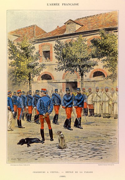 Kapteeni Jules Richardin ranskalaisen armeijan tyypit ja univormut, kuvittanut Edouard Detaille (1848-1912): Hunters a Horseback; Defile de la parade en 1886, Collection Partiale tekijältä Jean Baptiste Edouard Detaille