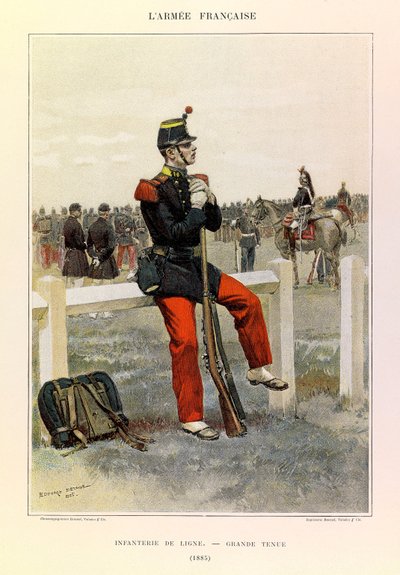 Kapteeni Jules Richardin ranskalaisen armeijan tyypit ja univormut, kuvittanut Edouard Detaille (1848-1912): Jalkaväki de line en grande-style vuonna 1885, kokoelma osittainen tekijältä Jean Baptiste Edouard Detaille