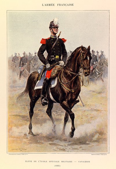 Kapteeni Jules Richardin ranskalaisen armeijan tyypit ja univormut, kuvittanut Edouard Detaille (1848-1912): Erityissotakoulun oppilas: ratsuväki vuonna 1885, yksityinen kokoelma tekijältä Jean Baptiste Edouard Detaille