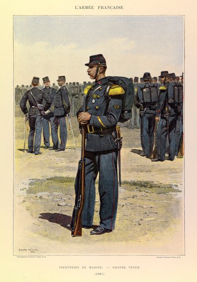 Kapteeni Jules Richardin ranskalaisen armeijan tyypit ja univormut, kuvittanut Edouard Detaille (1848-1912): Merijalkaväki upeassa mekossa vuonna 1887, yksityinen kokoelma tekijältä Jean Baptiste Edouard Detaille
