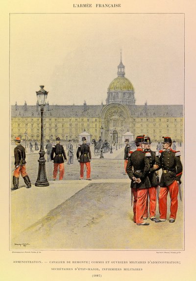 Kapteeni Jules Richardin ranskalaisen armeijan tyypit ja univormut, kuvittanut Edouard Detaille (1848-1912): Hallinto: ratsumies, sotilasvirkailija ja hallintotyöntekijät, henkilöstösihteerit, sotilashoitajat vuonna 1887, yksityinen kokoelma tekijältä Jean Baptiste Edouard Detaille