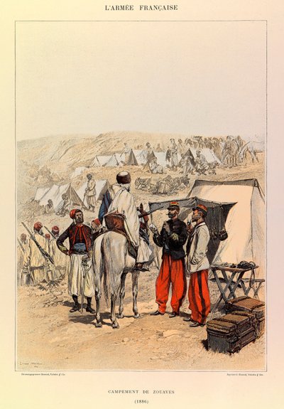 aKapteeni Jules Richardin ranskalaisen armeijan tyypit ja univormut, kuvittanut Edouard Detaille (1848-1912): Zouaves-leiri vuonna 1886, yksityinen kokoelma tekijältä Jean Baptiste Edouard Detaille