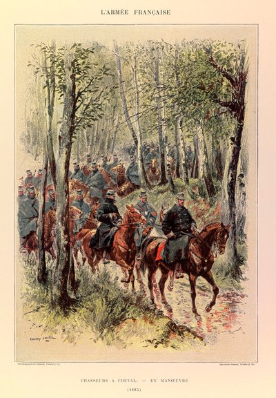 Kapteeni Jules Richardin ranskalaisen armeijan tyypit ja univormut, kuvittanut Edouard Detaille (1848-1912): Metsästäjät hevosen liikkeessä vuonna 1885, yksityinen kokoelma tekijältä Jean Baptiste Edouard Detaille