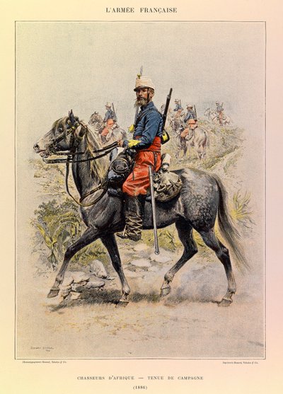 Kapteeni Jules Richardin ranskalaisen armeijan tyypit ja univormut, kuvittanut Edouard Detaille (1848-1912): Afrikan metsästäjät maalaispuvussa vuonna 1886, yksityinen kokoelma tekijältä Jean Baptiste Edouard Detaille