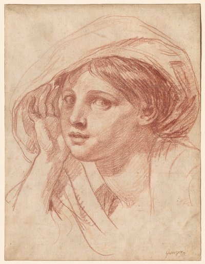 Nuoren naisen pää, noin 1785 (punainen liitu valkoiselle paperille). tekijältä Jean Baptiste Greuze