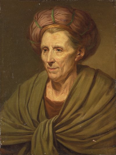 Naisen muotokuva, rinnan mittainen, ruskea turbaani ja vihreä huivi tekijältä Jean Baptiste Greuze