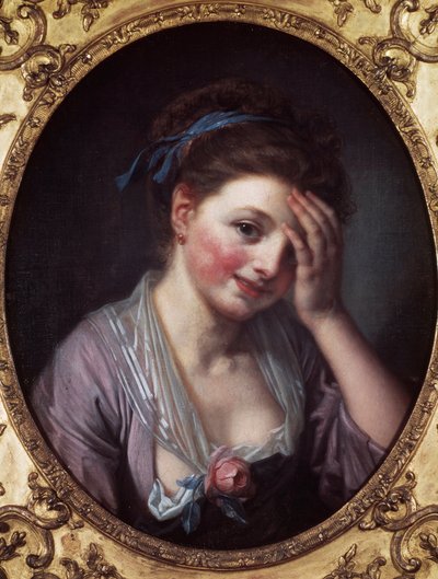 Tytöllä on ruusu Jean Baptiste Greuzen (1725-1805) maalaus 1700-luvulta. Pariisi, Musee Cognacq Jay. tekijältä Jean Baptiste Greuze