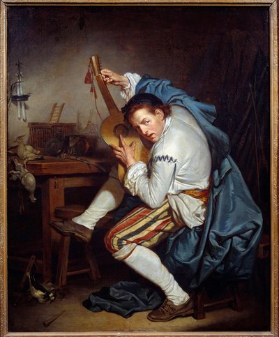 Kitaristi tai lintu, joka palattuaan metsästyksestä myöntää kitaralleen Jean Baptiste Greuzen (1725-1805) maalaus 1700-luvun aurinko. 0,71x0,57 m Nantes, Musee des Beaux Arts tekijältä Jean Baptiste Greuze