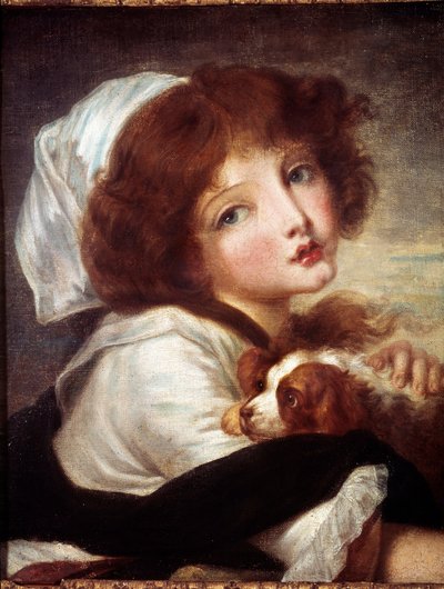 Jean Baptiste Greuzen (1725-1805) maalaus Nuori tyttö pienen koiran kanssa 1700-luvun Pariisi, Musee Cognacq Jay. tekijältä Jean Baptiste Greuze
