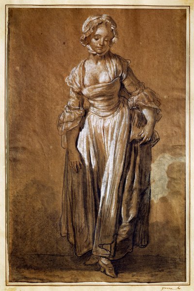Nuori tyttö seisomassa, piirustus Jean-Baptiste Greuze (1725-1805) tekijältä Jean Baptiste Greuze